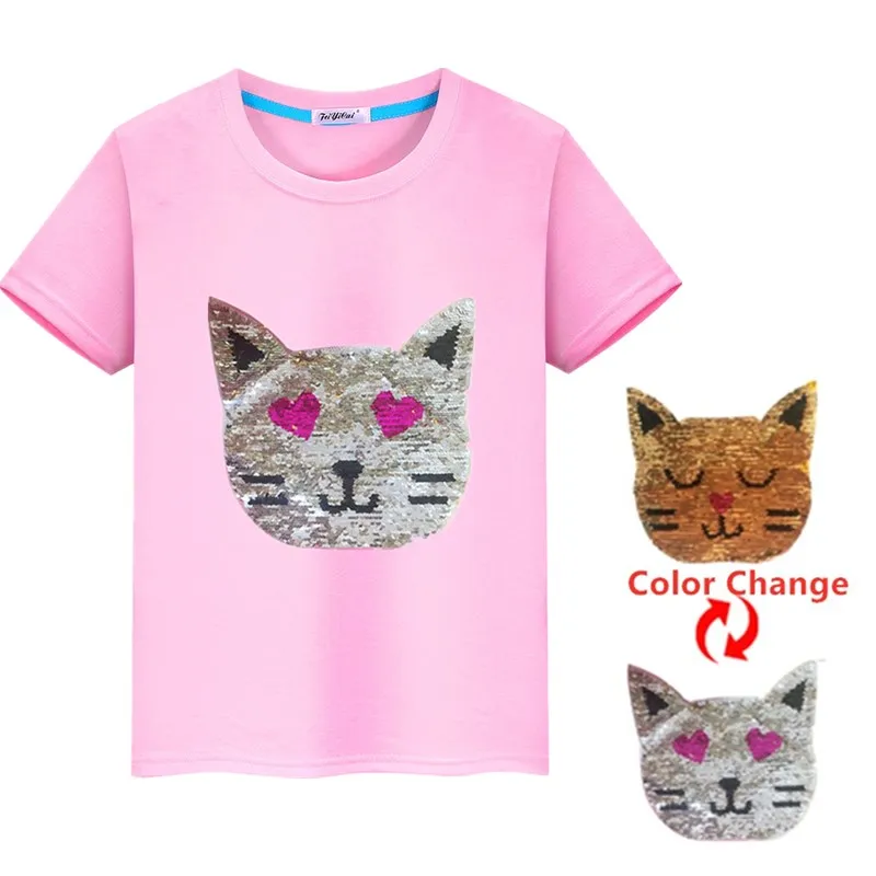 Kids-Girls-T-shirts-Magic-Glitter-Reverse-Cute-Cat-Sequin-Kid-Top-Color-Changing-Summer-T