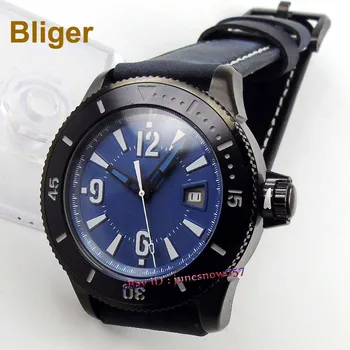 

Bliger 43mm Miyota 8215 Automatic men's watch blue dial luminous black PVD case bezel turning bezel