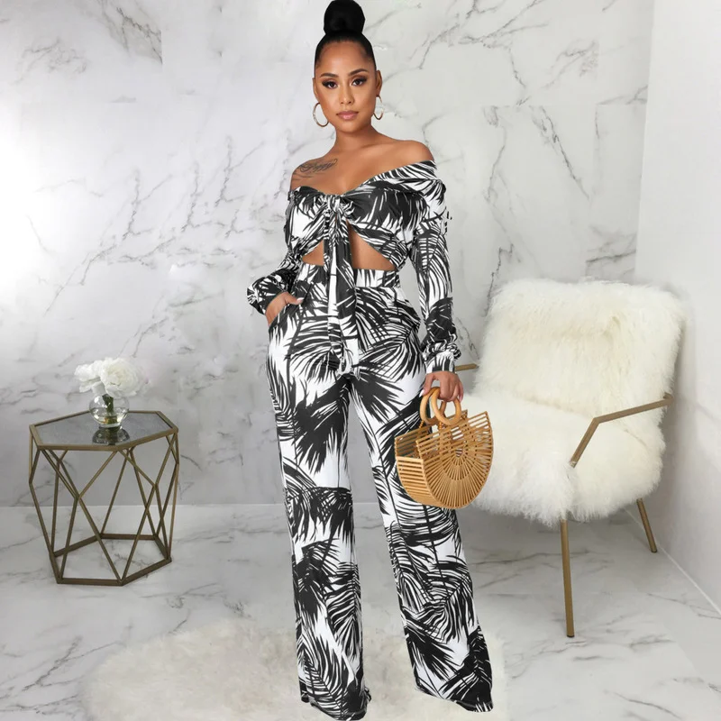 

New Green Leaves Print Two Piece Set Women's Tracksuit Long Sleeve V-Neck Tied Up Crop Blouse and Wide Leg Pant Bohemian Clothes