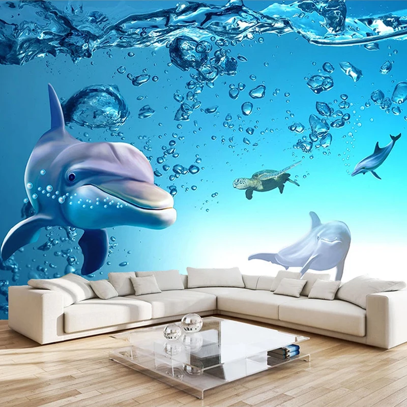 

Drop Shipping Custom Photo Blue Ocean 3D Dolphin Waterproof Canvas Interior Wall Painting Mural Wallpaper For Kids Room Bedroom
