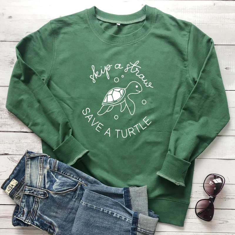 

Skip A Straw Save A Turtle Sweatshirt Long Sleeve Clean ocean Slogan Hoodies Unisex Cotton Skip Vintage Vegan Clothes Pullover