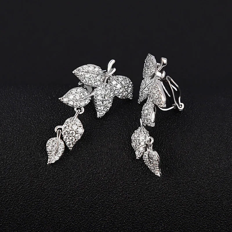 

Sparkly Leaf Shape Non Piercing Ear Jewelry CZ Crystal Long Dangle Drop Women Clip On Earrings No Pierced Hole