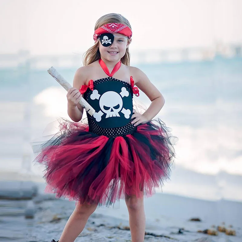 Фото Детское фатиновое платье с черепами пиратами на Хэллоуин | Детская одежда и обувь