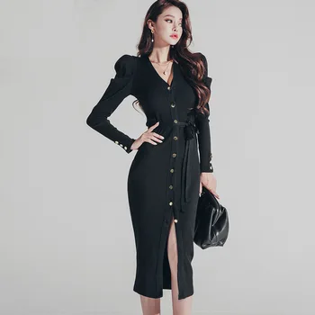Oufan 8605#2019 Korean-style Fall and Winter Clothes New Style Puff Sleeve Deep V-neck Single Breasted Lace-up Jersey Dress 
Oufan 8605#2019 Korean-style Fall and Winter Clothes New Style Puff Sleeve Deep V-neck Single Breasted Lace-up Jersey Dress
