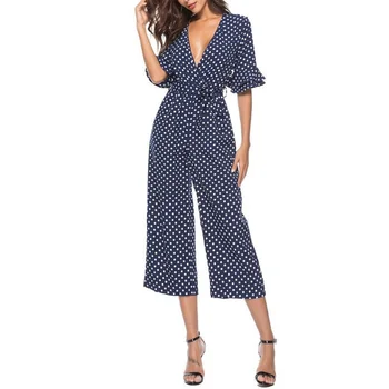 

Tiered Flare Sleeve Surplice Wrap Polka Dot Jumpsuit Deep V Neck Half Sleeve Sexy Jumpsuit Women Elegant Jumpsuit With Sashes