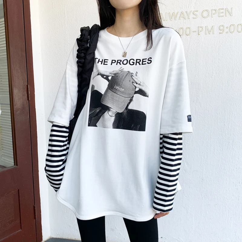 Stripe Patchwork Tshirt Harajuku Funny Fake Two Pieces T Shirt Korean Women T-shirts Autumn Long Sleeve Casual Loose Tops White
Stripe Patchwork Tshirt Harajuku Funny Fake Two Pieces T Shirt Korean Women T-shirts Autumn Long Sleeve Casual Loose Tops White