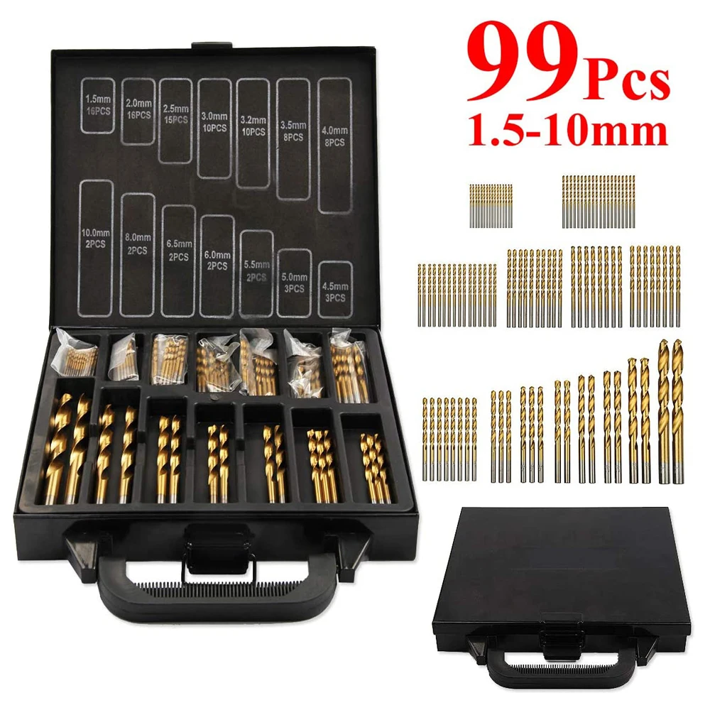 99Pcs Hss Drill Bits Set Titanium Coated Plastic Wood Metal Drill Bits for Cast Iron, Copper, Aluminum, Plastic and Wood Etc
99Pcs Hss Drill Bits Set Titanium Coated Plastic Wood Metal Drill Bits for Cast Iron, Copper, Aluminum, Plastic and Wood Etc