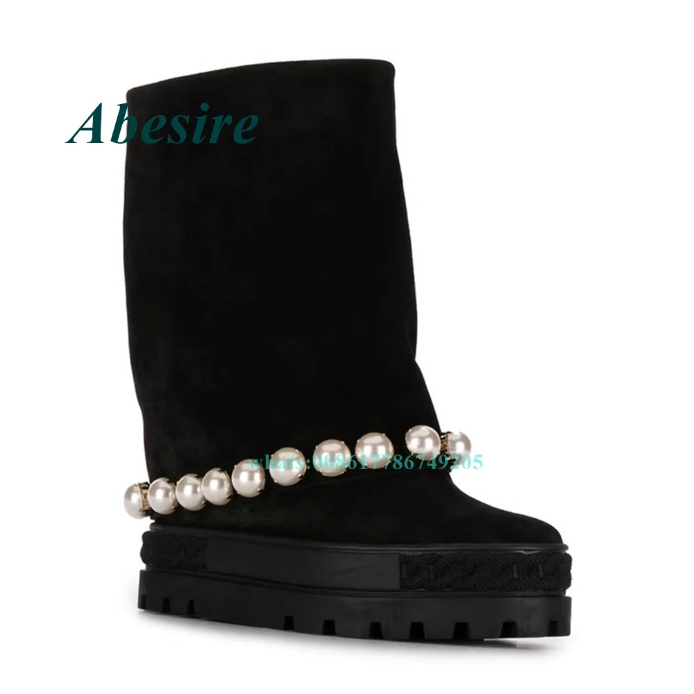 Mid Calf Black Boots Turned Over Edge Pearl Wedges Increasing High Platform High Heels for Ladies Winter Newest Fashion Casual
Mid Calf Black Boots Turned Over Edge Pearl Wedges Increasing High Platform High Heels for Ladies Winter Newest Fashion Casual