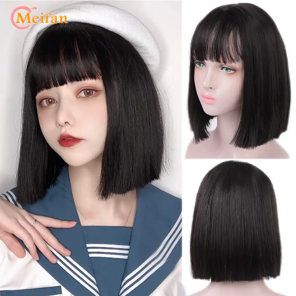 Meifan Pryamye Chernye Sinteticheskie Pariki S Chelkoj Dlya Zhenshin Srednyaya Dlina Bob Pricheska Parik Termostojkie Kosplej Pariki Aliekspress