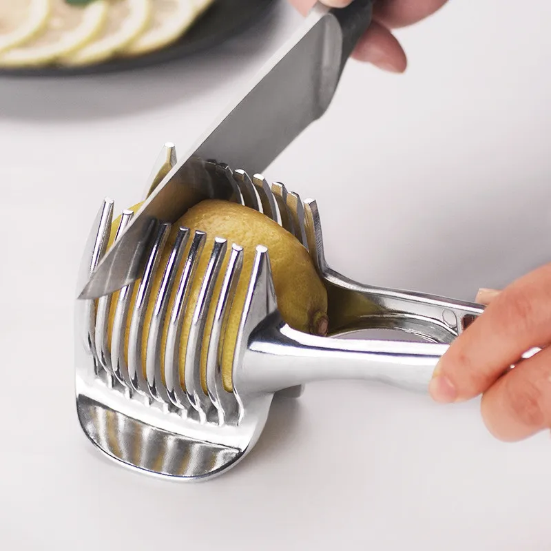 Acessórios de cozinha em aço inoxidável, prático, suporte de cebola, fatiador de tomate, vegetais, frutas, cortador de segurança, utensílios de cozinha