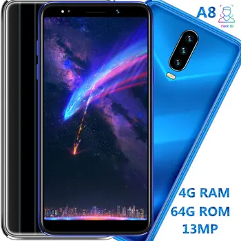

A8 smartphones quad core 4GRAM 64G ROM 13MP cheap celular unlocked 3G WCDMA 5.5" dual sim android mobile phones face ID unlocked