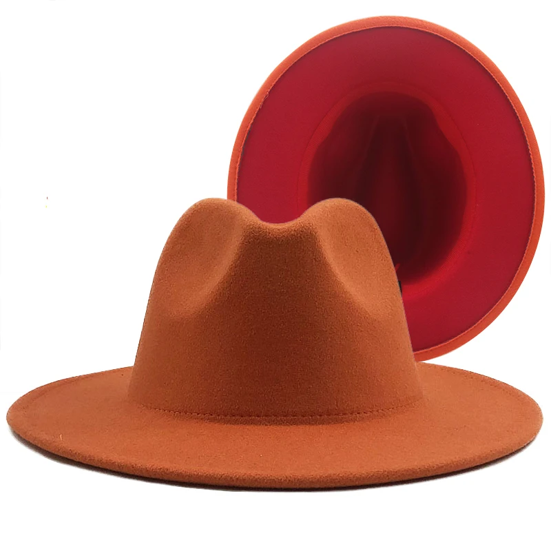 

Simple Outer ORANGE Inner red Wool Felt Jazz Fedora Hats with Thin Belt Buckle Men Women Wide Brim Panama Trilby Cap 56-58-60CM