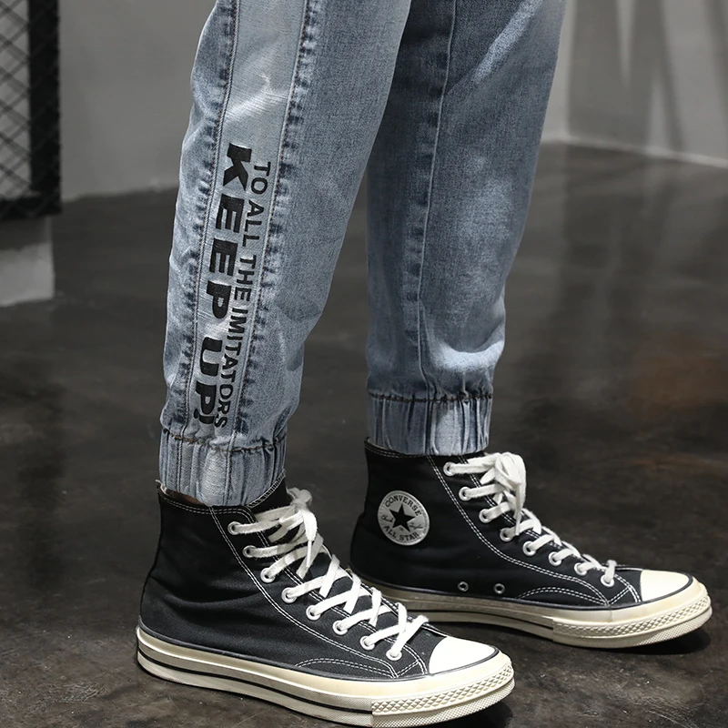 KSTUN Relaxed Tapered Jeans Men Side Patched Letters Design Dark Blue Loose Fit Elastic Waist