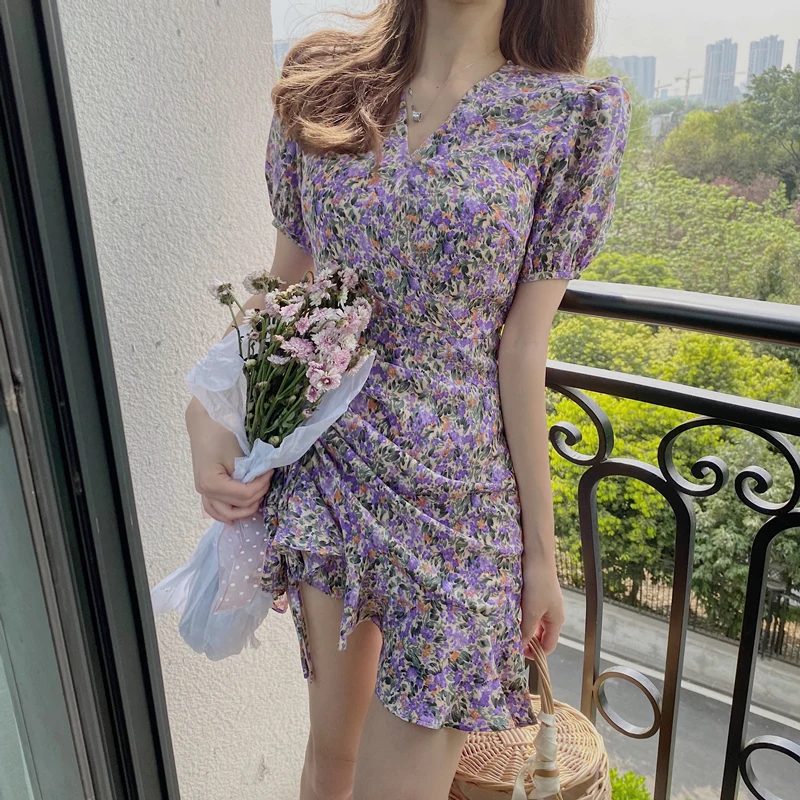 SINGRAIN 2020 Summer Floral dress Women puff sleeves flower print sundress Drawstring ruffles chiffon dress purple korean dress