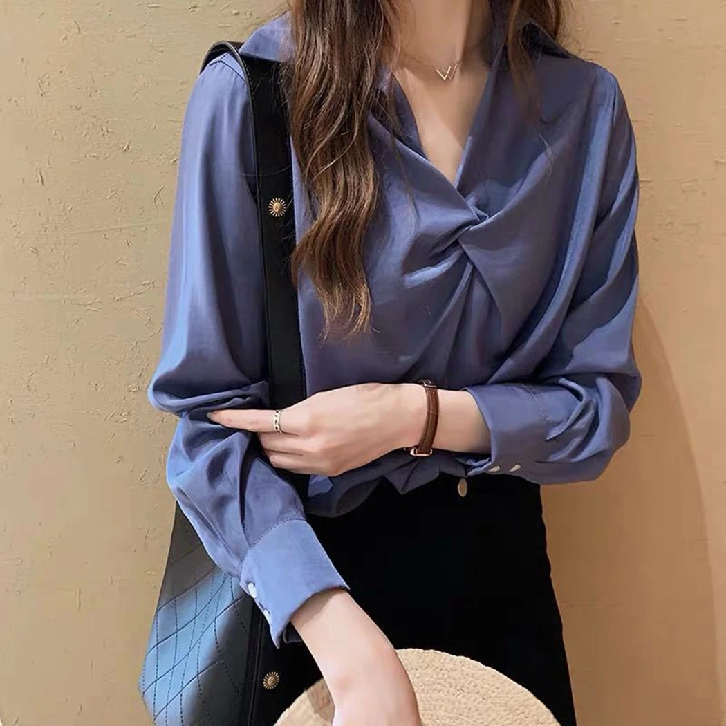 2019 офисные женские рубашки модная витая v-образным вырезом с длинным рукавом