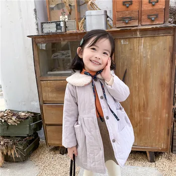 

Winter cute girls solid color bowknot Quilted long jackets with Lamb fur collar kids casual warm cotton-padded coats