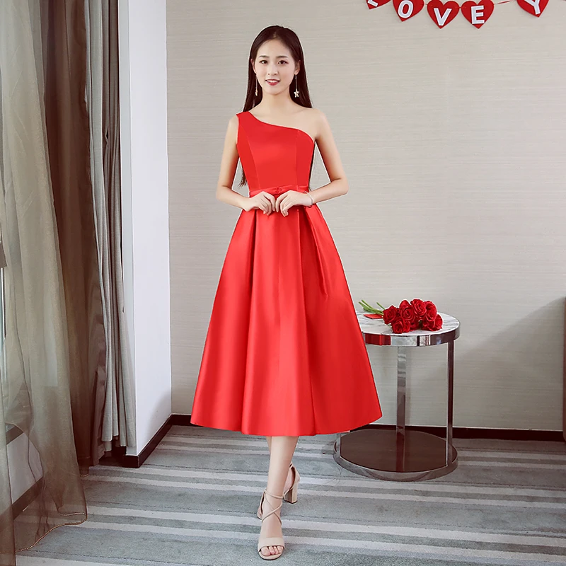 One Shoulder A-Line Wedding Guest Dress Sexy Prom Elegant Dress Women Wedding Party Taffeta Bridesmaid Dress Tea-Length Vestidos 
One Shoulder A-Line Wedding Guest Dress Sexy Prom Elegant Dress Women Wedding Party Taffeta Bridesmaid Dress Tea-Length Vestidos