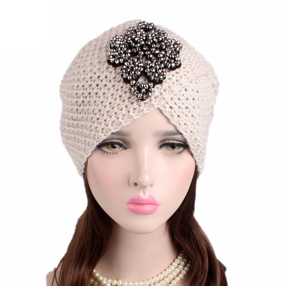 

Ladies Beanie Hat Knitted Women Autumn Winter Turban Brim Foral Caps Pile Hats Casual Soft Ski Bonnet Female slouchy skull hats