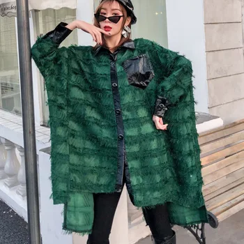 Korea 2020 new spring turn-down collar batwing sleeves tassels PU leather pocket patchwrork single breasted shirt WK37306 
Korea 2020 new spring turn-down collar batwing sleeves tassels PU leather pocket patchwrork single breasted shirt WK37306