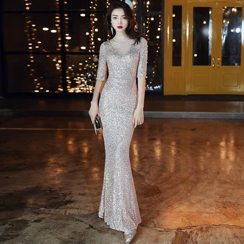 Silver Fishtail Formal Party Dress Gown Bling Sequins Evening Prom Gowns Sexy Perspective Cheongsam Noble Slim Chinese Dress
Silver Fishtail Formal Party Dress Gown Bling Sequins Evening Prom Gowns Sexy Perspective Cheongsam Noble Slim Chinese Dress