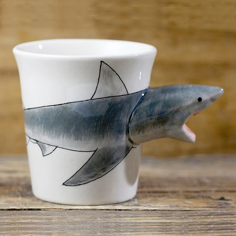 Фото 300ml Shark Coffee Cup Creative Animal Ceramic Mug 3D Hand Drawn Cartoon Funny Mugs With handle Boy drinking glass | Дом и сад