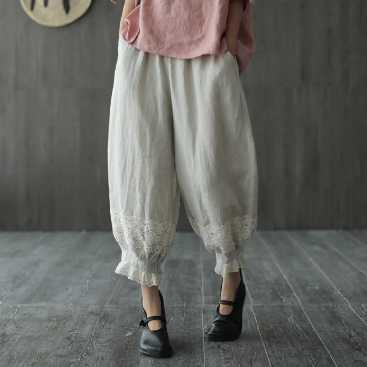 Фото Льняные летние новые брюки в стиле ретро кружевные укороченные с вышивкой