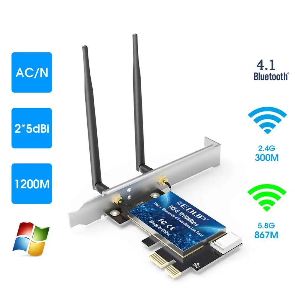 

EDUP Bluetooth 4.1 Desktop PCIE 1200Mbps Wireless Network Card for Win7 /8.1 / 10 WIFI Bluetooth Adapter Network Card
