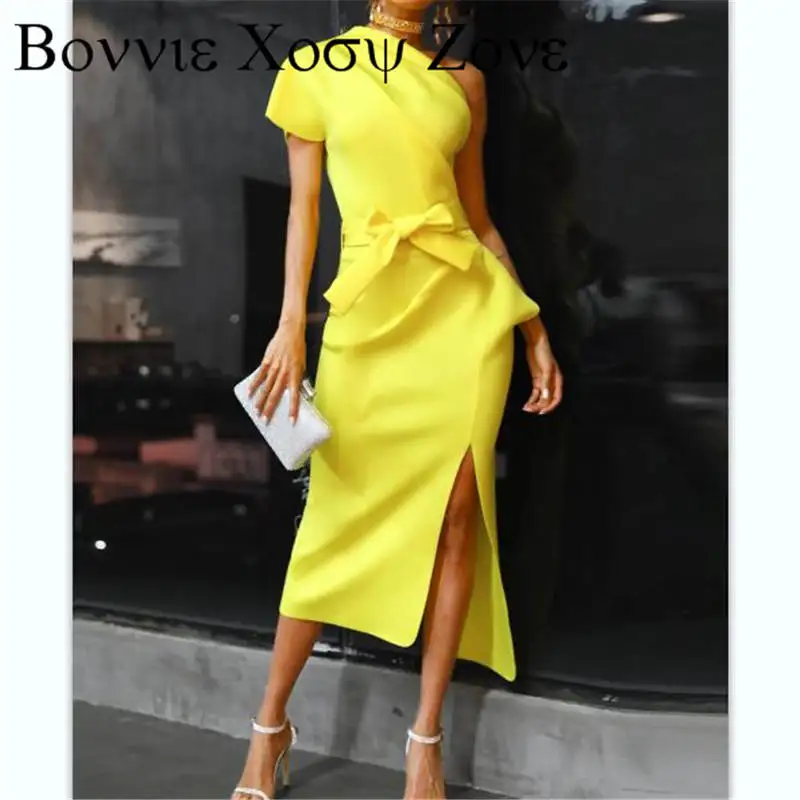 

Short Sleeve One Shoulder Ruched Slit Irregular Dress Asymmetrical Irregular Hem Summer Midi Dresses For Women 2021