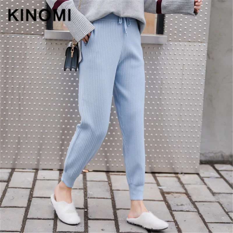 KINOMI Autumn Mid Waist Knitted Harem Pants Women Trousers Drawstring Skinny Pockets Striped Sweatpants 2019 New | Женская одежда