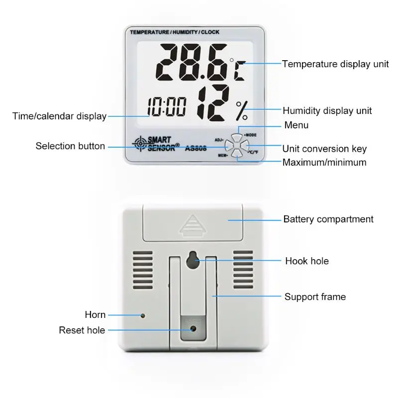 AS808 Digital Thermometer Hygrometer Humidity Temperature Moisture Meter w Clock
AS808 Digital Thermometer Hygrometer Humidity Temperature Moisture Meter w Clock