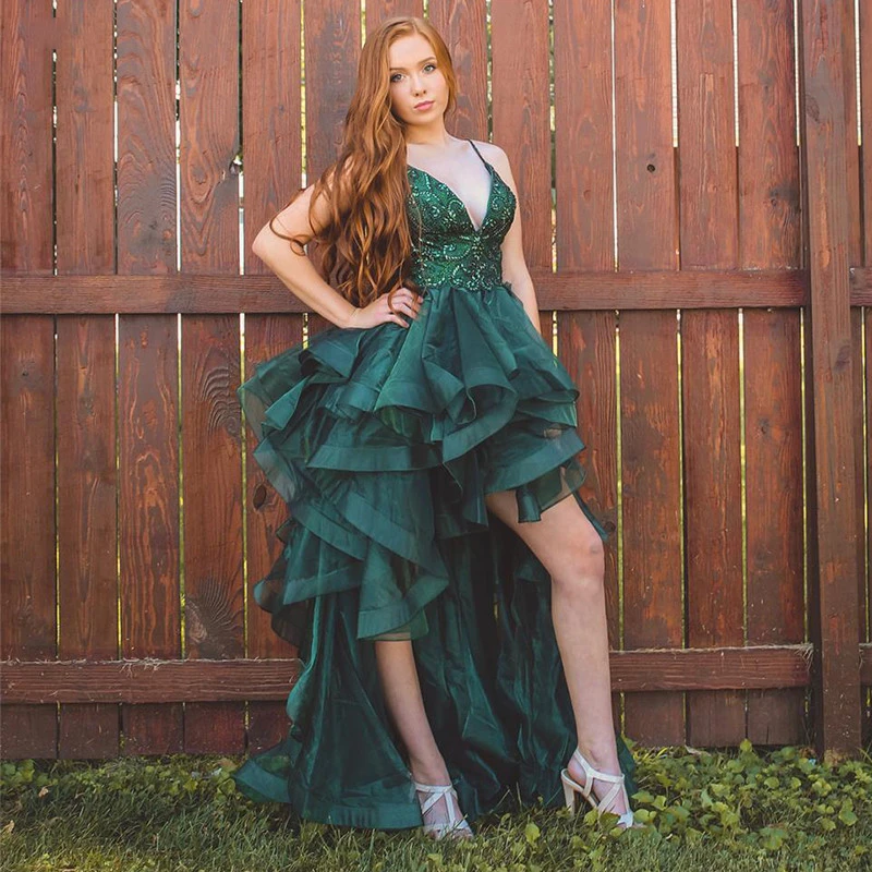Dark Green High Low Prom Dresses 2020 V-Neck Backless Sequins Beaded Ruffles Evening Celebrity Formal Gowns Vestido de festa
Dark Green High Low Prom Dresses 2020 V-Neck Backless Sequins Beaded Ruffles Evening Celebrity Formal Gowns Vestido de festa