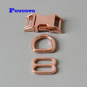 50 sets rose gold metal release buckles D rings adjustable buckle slider hardware 15mm webbing for dog collar sewing accessories 
50 sets rose gold metal release buckles D rings adjustable buckle slider hardware 15mm webbing for dog collar sewing accessories