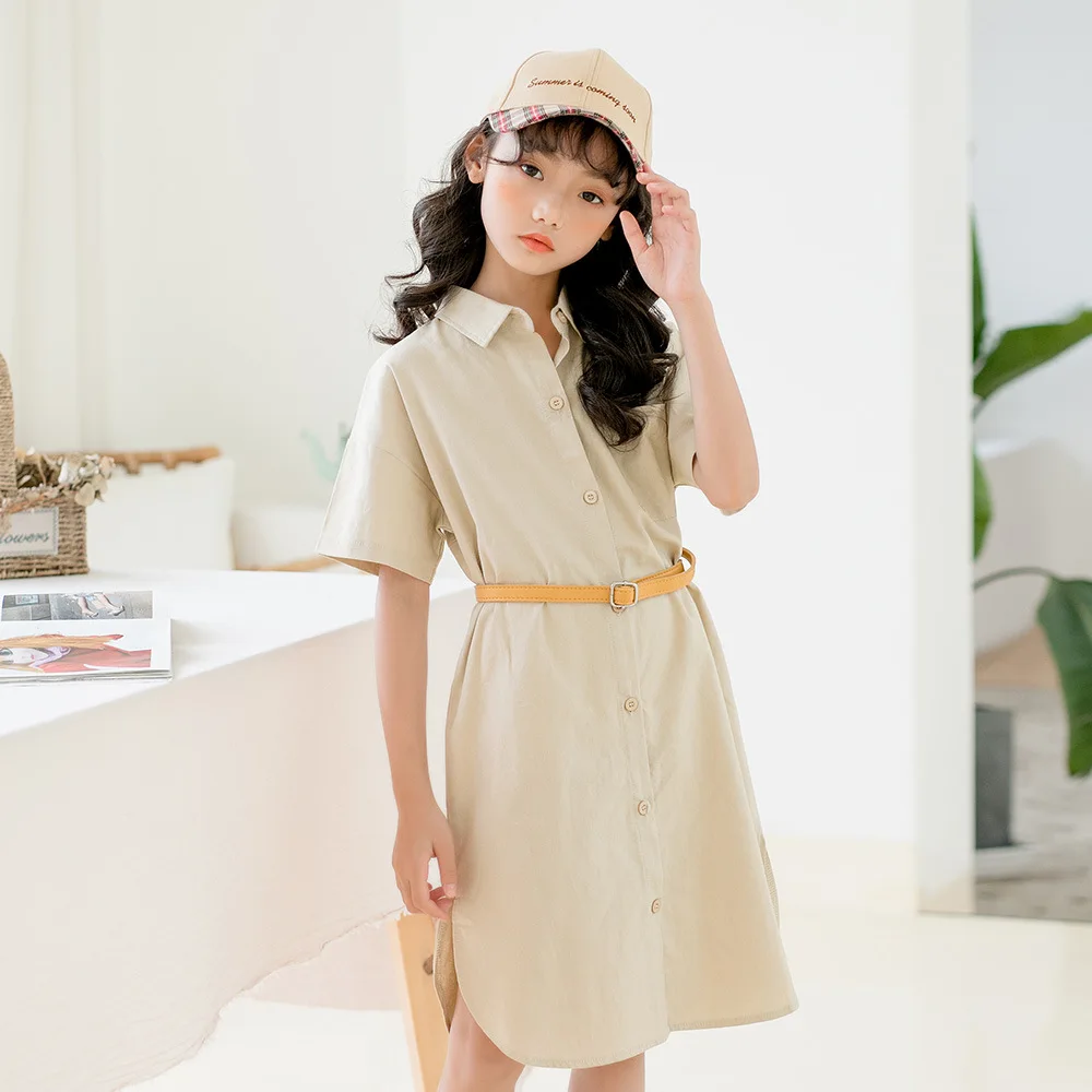 Летнее платье для девочек простая одежда с поясом девочек-подростков корейское