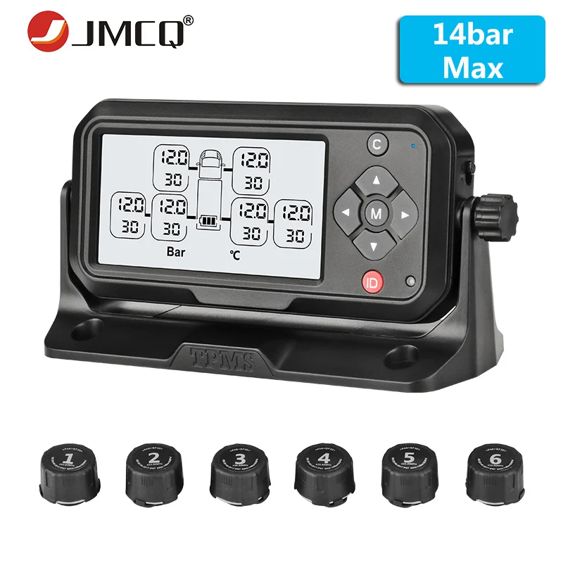 JMCQ Truck TPMS car alarm Tire Pressure sensor Monitoring System Display Auto Alarm system Max pressure 14Bar 6 External Sensors
JMCQ Truck TPMS car alarm Tire Pressure sensor Monitoring System Display Auto Alarm system Max pressure 14Bar 6 External Sensors