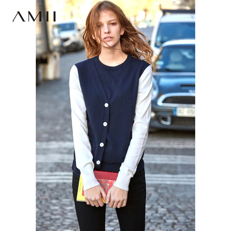 Amii Minimalist Peppy Style Pullover Sweaters Women Spring 2019 Causal Patchwork Fake Two Pieces O Neck Female Knitted | Женская одежда