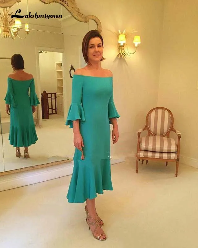 Green Mother of the Bride Dresses 3/4 Long Sleeves Ruffles Off the Shoulder Portrait Neckline Tea Length Evening Dresses
Green Mother of the Bride Dresses 3/4 Long Sleeves Ruffles Off the Shoulder Portrait Neckline Tea Length Evening Dresses