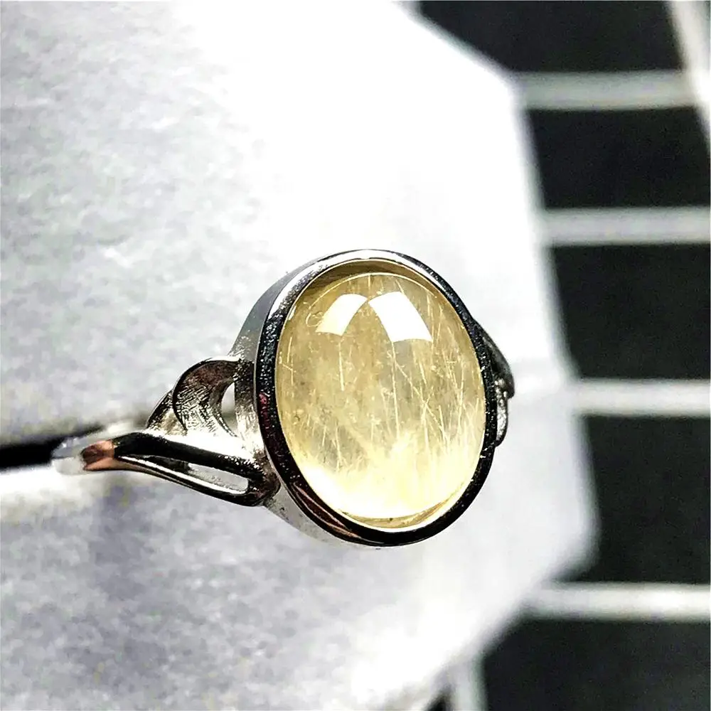 100% Natural Gold Rutilated Quartz Ring Jewelry For Woman Man Clear Crystal 12x10mm Beads Silver Gemstone Adjustable AAAAA | Украшения и