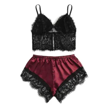 2020 Women Sleepwear Sleeveless Strap Nightwear Lace Trim Satin Cami Top Pajama Sets Sexy Lingerie Intimate Ladies Red Black 
2020 Women Sleepwear Sleeveless Strap Nightwear Lace Trim Satin Cami Top Pajama Sets Sexy Lingerie Intimate Ladies Red Black