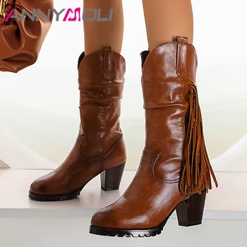 ANNYMOLI High Heel Mid Calf Boots Woman Western Boots Fringe Block Heel Shoes Pleated Round Toe Ladies Boots Autumn Winter 34-46
ANNYMOLI High Heel Mid Calf Boots Woman Western Boots Fringe Block Heel Shoes Pleated Round Toe Ladies Boots Autumn Winter 34-46