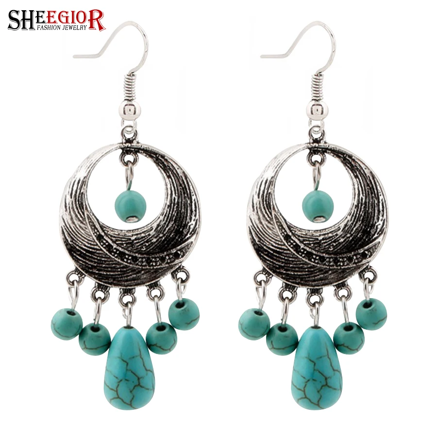 Vintage Turquoises Dangle Long Earrings for Women Accessories Retro Silver color Round Drop Earring Earings Fashion Jewelry Gift | Украшения