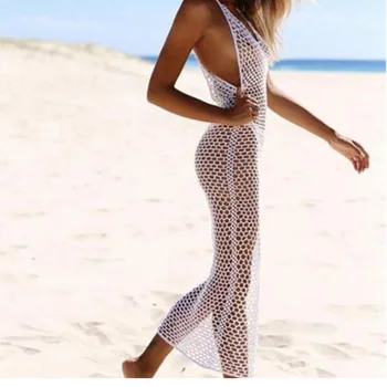Crochet Bikini Cover Up Sexy Beach Dress Tunic Fashion Summer Swimsuit Cover Ups Backless Beachwear Robe Bohemia Kaftan 2020