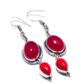 Rubellite + Carnelian Silver Overlay on Copper Earrings , 70 mm , E4650 
Rubellite + Carnelian Silver Overlay on Copper Earrings , 70 mm , E4650