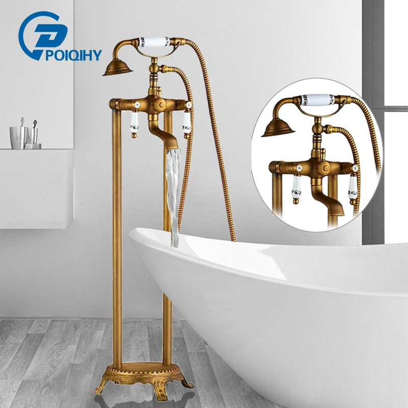 

Antique Brass Floor Standing Bathtub Shower Faucet Ceramics Handle Crane Set Swivel Tub Spout Dual Handle Hot Cold Mixer Tap