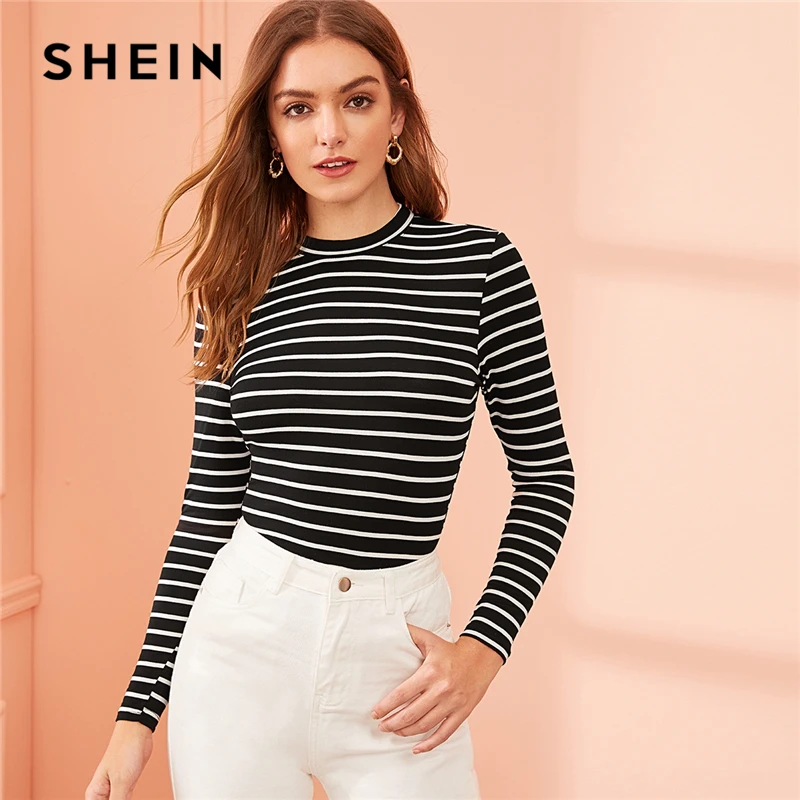 SHEIN черная и белая полосатая облегающая футболка с воротником женские топы осень