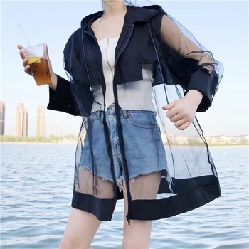 

LANMREM 2020 Spring Summer New Pattern Cardiagn Hooded Patchwork Mesh Hem Three Quarter Sleeve Thin Ladies Fashion Coat