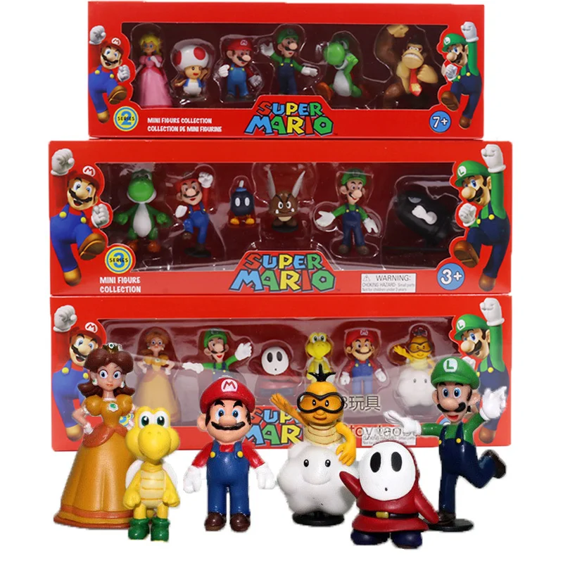 6Pcs/lot 3-7cm Super Mario Bros PVC Action Figure Toys Dolls Model Set Luigi Yoshi Donkey Kong Mushroom for kids birthday gifts | Игрушки и