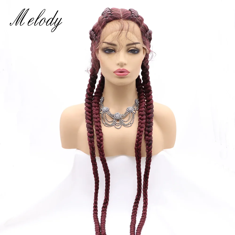 Long 4 Twist Braids Wine Red Synthetic 360 Full Lace Box Cornrow Braid Wig Add Human Weaving with Baby Hair for Black Women | Шиньоны и