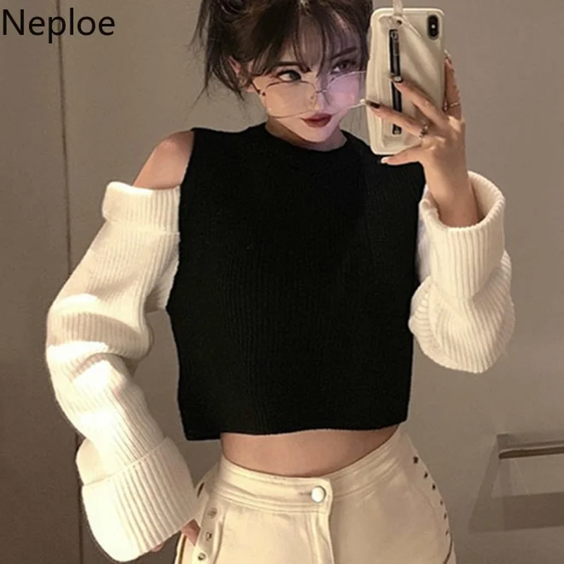 Neploe корейский укороченный свитер в стиле пэчворк без бретелек Женский пуловер