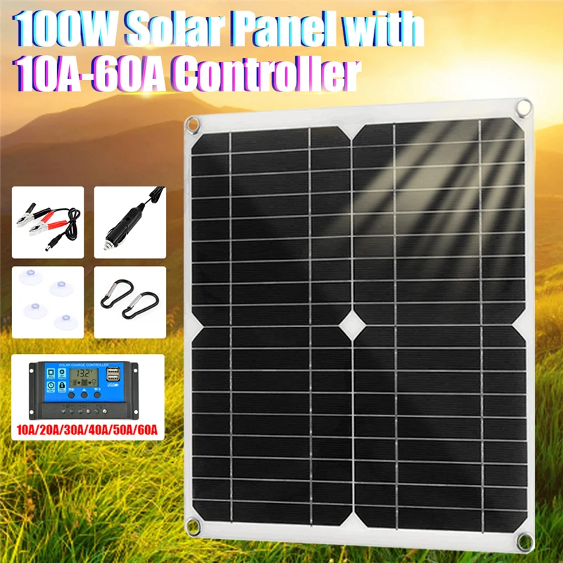 100W Solar Panel Stystem Kit Dual USB Ports Monocrystalline Silicone Charging Board Waterproof Cells with Controller | Обустройство