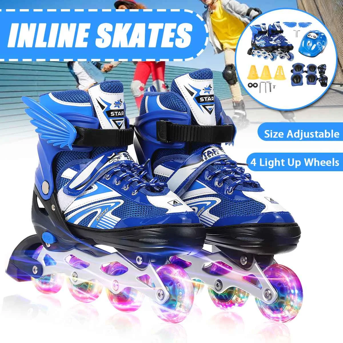 Generic Adjustable Size Children Roller Skates 4 Wheels Flashing Roller